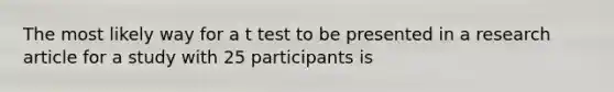 The most likely way for a t test to be presented in a research article for a study with 25 participants is