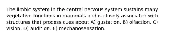 The limbic system in the central nervous system sustains many vegetative functions in mammals and is closely associated with structures that process cues about A) gustation. B) olfaction. C) vision. D) audition. E) mechanosensation.