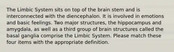 The Limbic System sits on top of the brain stem and is interconnected with the diencephalon. It is involved in emotions and basic feelings. Two major structures, the hippocampus and amygdala, as well as a third group of brain structures called the basal ganglia comprise the Limbic System. Please match these four items with the appropriate definition.