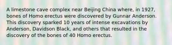 A limestone cave complex near Beijing China where, in 1927, bones of Homo erectus were discovered by Gunnar Anderson. This discovery sparked 10 years of intense excavations by Anderson, Davidson Black, and others that resulted in the discovery of the bones of 40 Homo erectus.