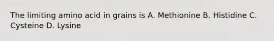 The limiting amino acid in grains is A. Methionine B. Histidine C. Cysteine D. Lysine