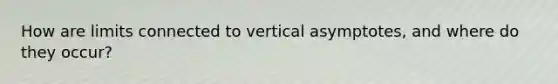 How are limits connected to vertical asymptotes, and where do they occur?