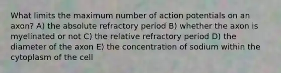 What limits the maximum number of action potentials on an axon? A) the absolute refractory period B) whether the axon is myelinated or not C) the relative refractory period D) the diameter of the axon E) the concentration of sodium within the cytoplasm of the cell