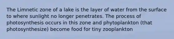 The Limnetic zone of a lake is the layer of water from the surface to where sunlight no longer penetrates. The process of photosynthesis occurs in this zone and phytoplankton (that photosynthesize) become food for tiny zooplankton