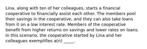 Lina, along with ten of her colleagues, starts a financial cooperative to financially assist each other. The members pool their savings in the cooperative, and they can also take loans from it on a low interest rate. Members of the cooperative benefit from higher returns on savings and lower rates on loans. In this scenario, the cooperative started by Lina and her colleagues exemplifies a(n) _____.