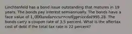 Linchtenfeld has a bond issue outstanding that matures in 19 years. The bonds pay interest semiannually. The bonds have a face value of 1,000 and are currently priced at995.28. The bonds carry a coupon rate of 3.5 percent. What is the aftertax cost of debt if the total tax rate is 22 percent?