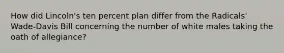 How did Lincoln's ten percent plan differ from the Radicals' Wade-Davis Bill concerning the number of white males taking the oath of allegiance?