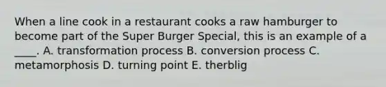 When a line cook in a restaurant cooks a raw hamburger to become part of the Super Burger Special, this is an example of a ____. A. transformation process B. conversion process C. metamorphosis D. turning point E. therblig