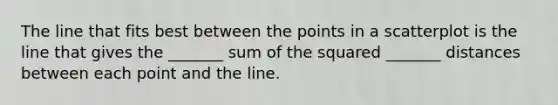 The line that fits best between the points in a scatterplot is the line that gives the​ _______ sum of the squared​ _______ distances between each point and the line.