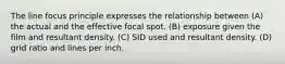 The line focus principle expresses the relationship between (A) the actual and the effective focal spot. (B) exposure given the film and resultant density. (C) SID used and resultant density. (D) grid ratio and lines per inch.