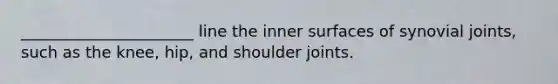 ______________________ line the inner surfaces of synovial joints, such as the knee, hip, and shoulder joints.