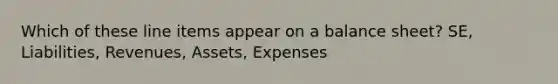 Which of these line items appear on a balance sheet? SE, Liabilities, Revenues, Assets, Expenses