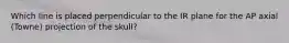 Which line is placed perpendicular to the IR plane for the AP axial (Towne) projection of the skull?