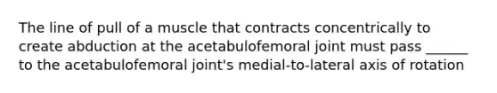 The line of pull of a muscle that contracts concentrically to create abduction at the acetabulofemoral joint must pass ______ to the acetabulofemoral joint's medial-to-lateral axis of rotation