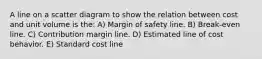 A line on a scatter diagram to show the relation between cost and unit volume is the: A) Margin of safety line. B) Break-even line. C) Contribution margin line. D) Estimated line of cost behavior. E) Standard cost line