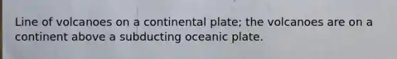 Line of volcanoes on a continental plate; the volcanoes are on a continent above a subducting oceanic plate.