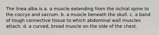 The linea alba is a. a muscle extending from the ischial spine to the coccyx and sacrum. b. a muscle beneath the skull. c. a band of tough <a href='https://www.questionai.com/knowledge/kYDr0DHyc8-connective-tissue' class='anchor-knowledge'>connective tissue</a> to which abdominal wall muscles attach. d. a curved, broad muscle on the side of the chest.