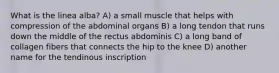 What is the linea alba? A) a small muscle that helps with compression of the abdominal organs B) a long tendon that runs down the middle of the rectus abdominis C) a long band of collagen fibers that connects the hip to the knee D) another name for the tendinous inscription