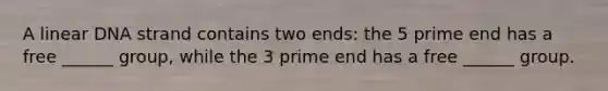 A linear DNA strand contains two ends: the 5 prime end has a free ______ group, while the 3 prime end has a free ______ group.