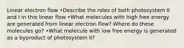 Linear electron flow •Describe the roles of both photosystem II and I in this linear flow •What molecules with high free energy are generated from linear electron flow? Where do these molecules go? •What molecule with low free energy is generated as a byproduct of photosystem II?