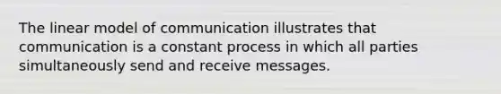 The linear model of communication illustrates that communication is a constant process in which all parties simultaneously send and receive messages.