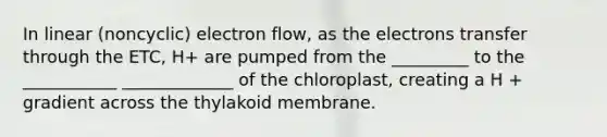 In linear (noncyclic) electron flow, as the electrons transfer through the ETC, H+ are pumped from the _________ to the ___________ _____________ of the chloroplast, creating a H + gradient across the thylakoid membrane.