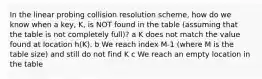 In the linear probing collision resolution scheme, how do we know when a key, K, is NOT found in the table (assuming that the table is not completely full)? a K does not match the value found at location h(K). b We reach index M-1 (where M is the table size) and still do not find K c We reach an empty location in the table