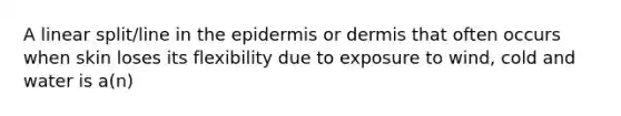 A linear split/line in the epidermis or dermis that often occurs when skin loses its flexibility due to exposure to wind, cold and water is a(n)