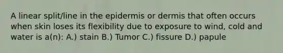 A linear split/line in the epidermis or dermis that often occurs when skin loses its flexibility due to exposure to wind, cold and water is a(n): A.) stain B.) Tumor C.) fissure D.) papule