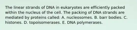 The linear strands of DNA in eukaryotes are efficiently packed within the nucleus of the cell. The packing of DNA strands are mediated by proteins called: A. nucleosomes. B. barr bodies. C. histones. D. topoisomerases. E. DNA polymerases.