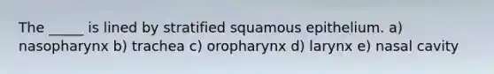 The _____ is lined by stratified squamous epithelium. a) nasopharynx b) trachea c) oropharynx d) larynx e) nasal cavity