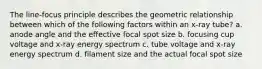 The line-focus principle describes the geometric relationship between which of the following factors within an x-ray tube? a. anode angle and the effective focal spot size b. focusing cup voltage and x-ray energy spectrum c. tube voltage and x-ray energy spectrum d. filament size and the actual focal spot size