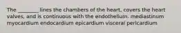 The ________ lines the chambers of the heart, covers the heart valves, and is continuous with the endothelium. mediastinum myocardium endocardium epicardium visceral pericardium