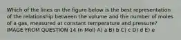 Which of the lines on the figure below is the best representation of the relationship between the volume and the number of moles of a gas, measured at constant temperature and pressure? IMAGE FROM QUESTION 14 (n Mol) A) a B) b C) c D) d E) e