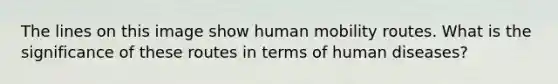 The lines on this image show human mobility routes. What is the significance of these routes in terms of human diseases?