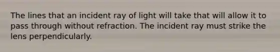 The lines that an incident ray of light will take that will allow it to pass through without refraction. The incident ray must strike the lens perpendicularly.