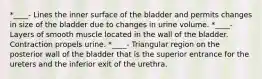 *____- Lines the inner surface of the bladder and permits changes in size of the bladder due to changes in urine volume. *____- Layers of smooth muscle located in the wall of the bladder. Contraction propels urine. *____- Triangular region on the posterior wall of the bladder that is the superior entrance for the ureters and the inferior exit of the urethra.