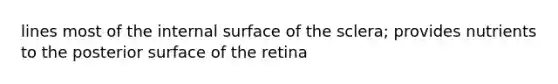 lines most of the internal surface of the sclera; provides nutrients to the posterior surface of the retina