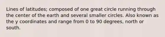 Lines of latitudes; composed of one great circle running through the center of the earth and several smaller circles. Also known as the y coordinates and range from 0 to 90 degrees, north or south.