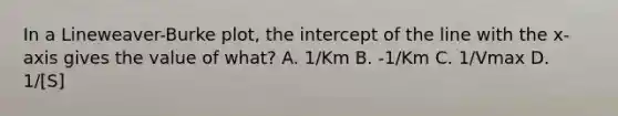 In a Lineweaver-Burke plot, the intercept of the line with the x-axis gives the value of what? A. 1/Km B. -1/Km C. 1/Vmax D. 1/[S]