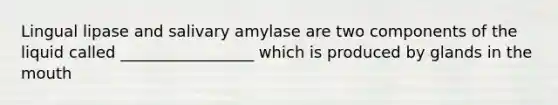 Lingual lipase and salivary amylase are two components of the liquid called _________________ which is produced by glands in <a href='https://www.questionai.com/knowledge/krBoWYDU6j-the-mouth' class='anchor-knowledge'>the mouth</a>