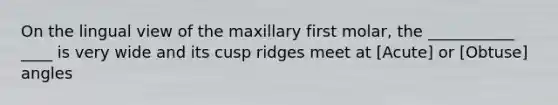 On the lingual view of the maxillary first molar, the ___________ ____ is very wide and its cusp ridges meet at [Acute] or [Obtuse] angles