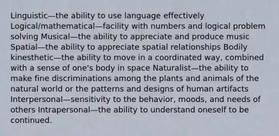 Linguistic—the ability to use language effectively Logical/mathematical—facility with numbers and logical problem solving Musical—the ability to appreciate and produce music Spatial—the ability to appreciate spatial relationships Bodily kinesthetic—the ability to move in a coordinated way, combined with a sense of one's body in space Naturalist—the ability to make fine discriminations among the plants and animals of the natural world or the patterns and designs of human artifacts Interpersonal—sensitivity to the behavior, moods, and needs of others Intrapersonal—the ability to understand oneself to be continued.