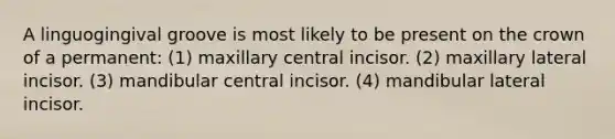 A linguogingival groove is most likely to be present on the crown of a permanent: (1) maxillary central incisor. (2) maxillary lateral incisor. (3) mandibular central incisor. (4) mandibular lateral incisor.