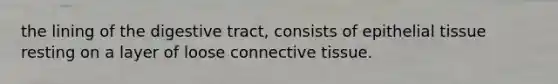 the lining of the digestive tract, consists of epithelial tissue resting on a layer of loose connective tissue.