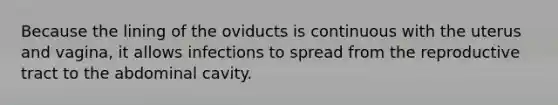 Because the lining of the oviducts is continuous with the uterus and vagina, it allows infections to spread from the reproductive tract to the abdominal cavity.