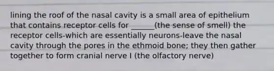 lining the roof of the nasal cavity is a small area of epithelium that contains receptor cells for ______(the sense of smell) the receptor cells-which are essentially neurons-leave the nasal cavity through the pores in the ethmoid bone; they then gather together to form cranial nerve I (the olfactory nerve)