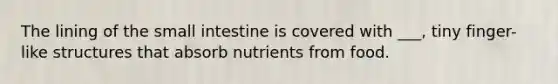 The lining of the small intestine is covered with ___, tiny finger-like structures that absorb nutrients from food.