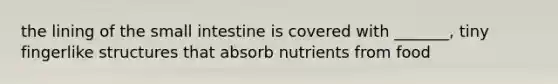 the lining of the small intestine is covered with _______, tiny fingerlike structures that absorb nutrients from food