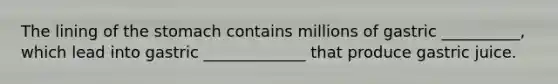 The lining of the stomach contains millions of gastric __________, which lead into gastric _____________ that produce gastric juice.